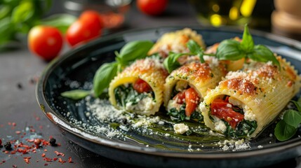 spinach and ricotta stuffed pasta shell on a dark ceramic dish