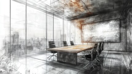 Sticker - Hand drawn sketch of contemporary concrete and wooden, glass conference room interior with window and blurry city view, furniture and equipment. Design and refurbishment concept