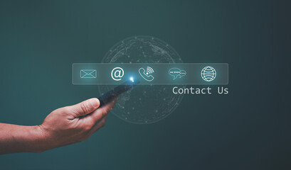 Poster - Contact us or hotline customer information support connect, Businessman using mobile phone and touching on virtual screen contact icons (www, email, address, live chat, internet phone).