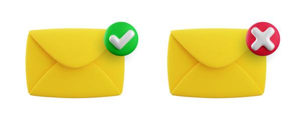 Vector cartoon 3d message checkmark icon set. 3d render approved and rejected yellow envelope sign, yes or no document notification, checked mail, electronic mail delivery symbol for mobile app, web.