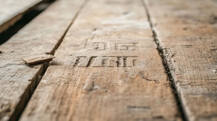 Wall Mural - Close-up of old, weathered wooden planks with markings.