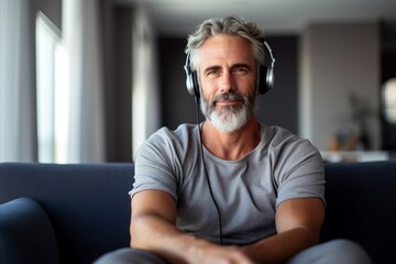 Wall Mural - Portrait of mature man listening to music with headphones at home.