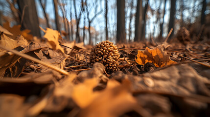 Wall Mural - Close-up of a pinecone on autumn leaves in a forest.