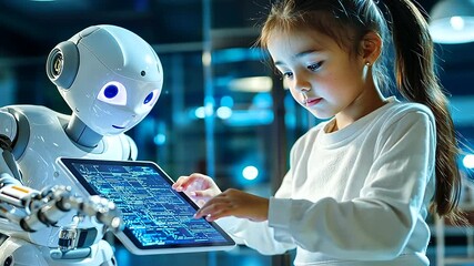 Wall Mural - young girl programming robot with coding tablet in classroom