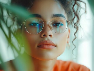 Portrait of a woman wearing glasses, surrounded by plants in a bright indoor setting during the day