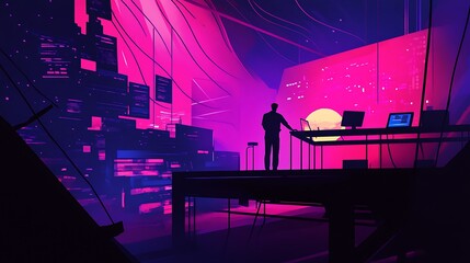 Futuristic Programmer Working in a Neon Lit Office