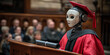 © Avelino - Humanoid robot giving a graduation speech wearing a mortarboard and red robe in a solemn auditorium. Generated with AI.