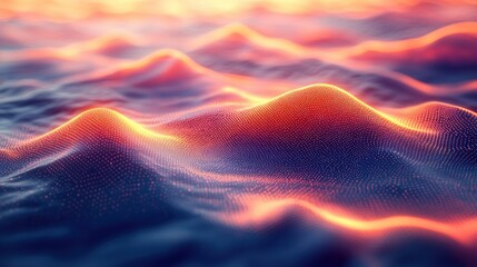 Wall Mural - Sunset digital landscape, glowing waves, abstract background, tech design