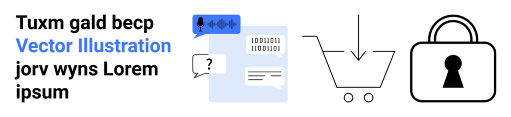 Shopping cart, speech bubbles, lock with keyhole, binary code on document, question mark, text. Ideal for online shopping, cybersecurity, communication programming tech support digital marketing