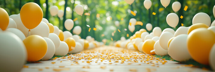 Canvas Print - Festive pathway lined with white and gold balloons.