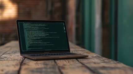 laptop displaying code on rustic wooden table outdoors.