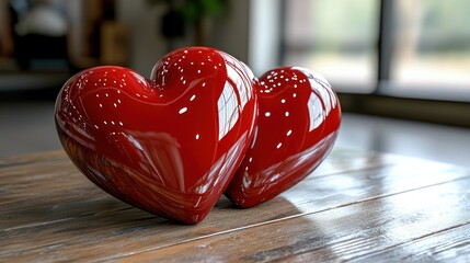 two red hearts, wooden table, window, love
