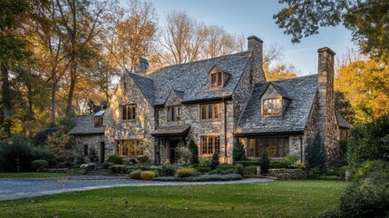 Poster - Autumnal Stone House, Landscaped Yard, Residential