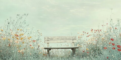 Sticker - Serene portrayal of an abandoned garden bench embraced by vibrant wildflowers.