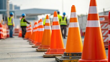 Fototapete - A medium closeup image of vibrant safety cones arranged around the construction site with workers in the background diligently moving materials highlighting safety measures in a