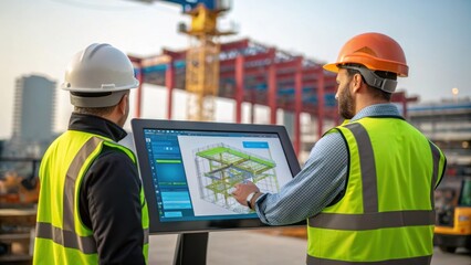 an engineer in a hard hat and safety vest collaborates with a colleague at a large digital touchscre