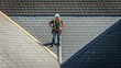 © DigitalSpace - An overhead shot capturing a roofer standing on a rooftop poised on the edge while attaching a shingle emphasizing the highaltitude work and attention to safety measures.