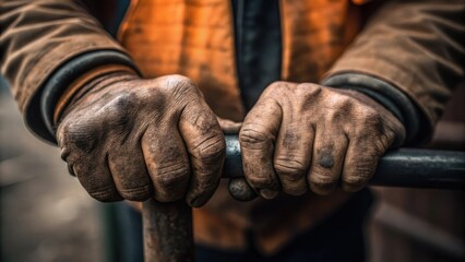 Wall Mural - Calloused Hands A closeup that showcases the workers weathered hands gripping a tool tightly with deep lines etched into his palms telling a story of years spent constructing