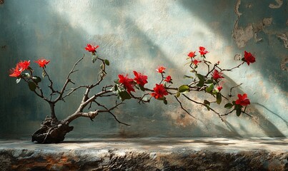 Wall Mural - Red azalea bonsai, sunlit wall, peaceful scene, home decor