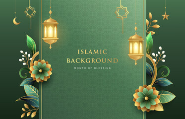 elegant ramadan kareem design on green islamic pattern background with gold ornament star, moon, flo