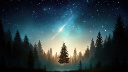 Poster - A serene forest scene under a starry night sky with a shooting star illuminating the tranquil landscape.