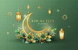 © CheowKeong - Modern Ramadan Kareem banner design with gold ornament moon, star, flowers and lanterns on green Islamic pattern background. Raya and ramadan template design for poster, banner and greeting cards.