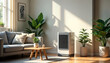 © Viktor - Modern living room with mobile air cooler. Stylish decor with plants. Comfort, convenience in contemporary home. Cooling tech for hot day. Cozy atmosphere with light, plants. Home tech appliance.