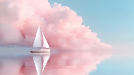 Poster - A serene sailboat glides across a calm, reflective sea under soft, pink clouds against a clear sky.