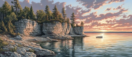 Wall Mural - Sunset over rocky coast, calm lake, boat