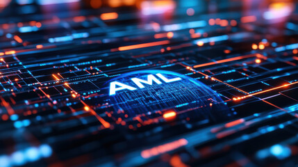 futuristic digital background featuring glowing blue and orange lines with aml text, symbolizing tec