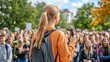 © Sam - A young girl speaking into a microphone, leading a crowd of enthusiastic supporters at a outdoor rally.