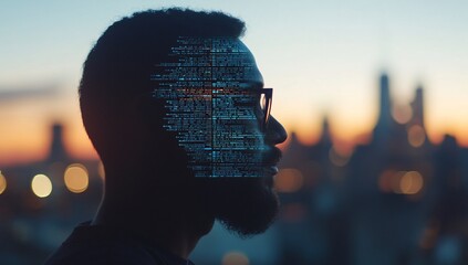 Man's profile with digital code overlay, cityscape background.