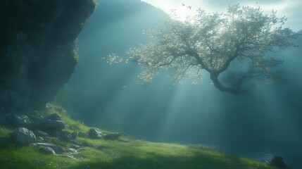  Serene Landscape Featuring Blossoming Tree Over Water