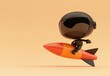 © BerkahStock - Cute black robot riding a small orange rocket against a pale orange background.