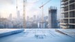 © BerkahStock - Blueprint on desk with city construction site background.