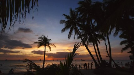Wall Mural - silhouetted people and palms near sea. sunset at tropical white beach, boracay island, philippines, 