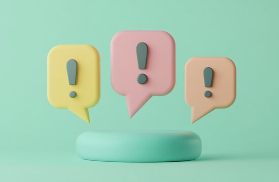 Three pastel speech bubbles with exclamation marks on a pedestal.