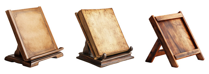 Wooden display stands showcasing various angles on a transparent background