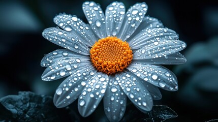 Wall Mural - Dew-kissed Daisy, Garden Close-up, Dark Background, Wallpaper