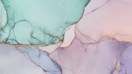  An elegant abstract design featuring flowing pastel colors, including mint green, lavender, and soft pink, accented with delicate gold veining.