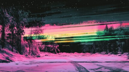 Glitched snowy forest road at night with vibrant pink and green hues.