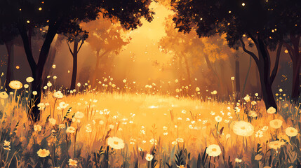 Wall Mural - Enchanted meadow with golden light. meadow. illustration. Golden Meadow. Illustration