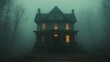 © Kaizenart - Eerie abandoned house illuminated by glowing windows in a foggy forest at dusk, evoking mystery