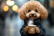 © A - Shorty Kitano - Sad cute baby dog poodle in winter warm clothes, holding warm dr