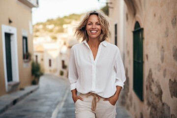 Wall Mural - Portrait of a beautiful middle-aged woman in a white shirt. She is standing in the old town.