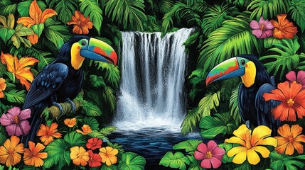 Canvas Print - Vibrant Tropical Paradise with Stunning Waterfall, Colorful Toucans, Lush Greenery, and Blossoming Flowers in Lively Rainforest Landscape