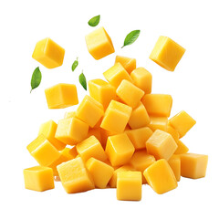 realistic photo of mango cubes falling isolated on white background