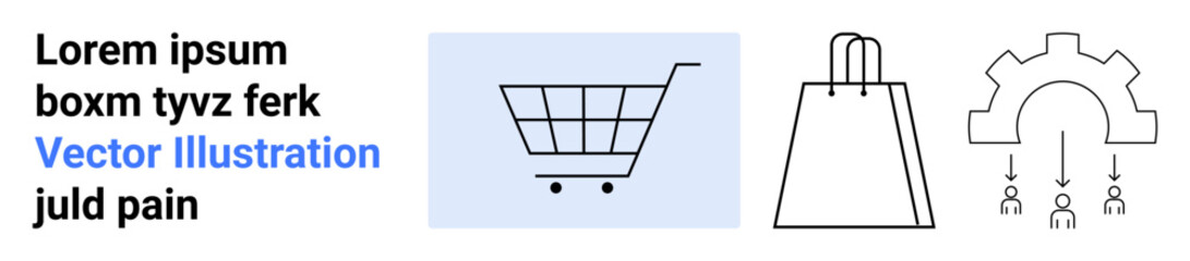 Text beside a shopping cart, paper bag, and gear with binary code. Ideal for e-commerce, online shopping, digital marketing, automation, coding data analysis and tech interfaces. Landing page