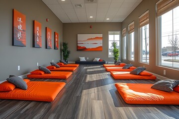 Wall Mural - Serene Meditation Room With Orange Cushions And Artwork