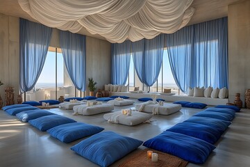 Wall Mural - Serene Meditation Room With Blue Pillows And Draped Ceiling